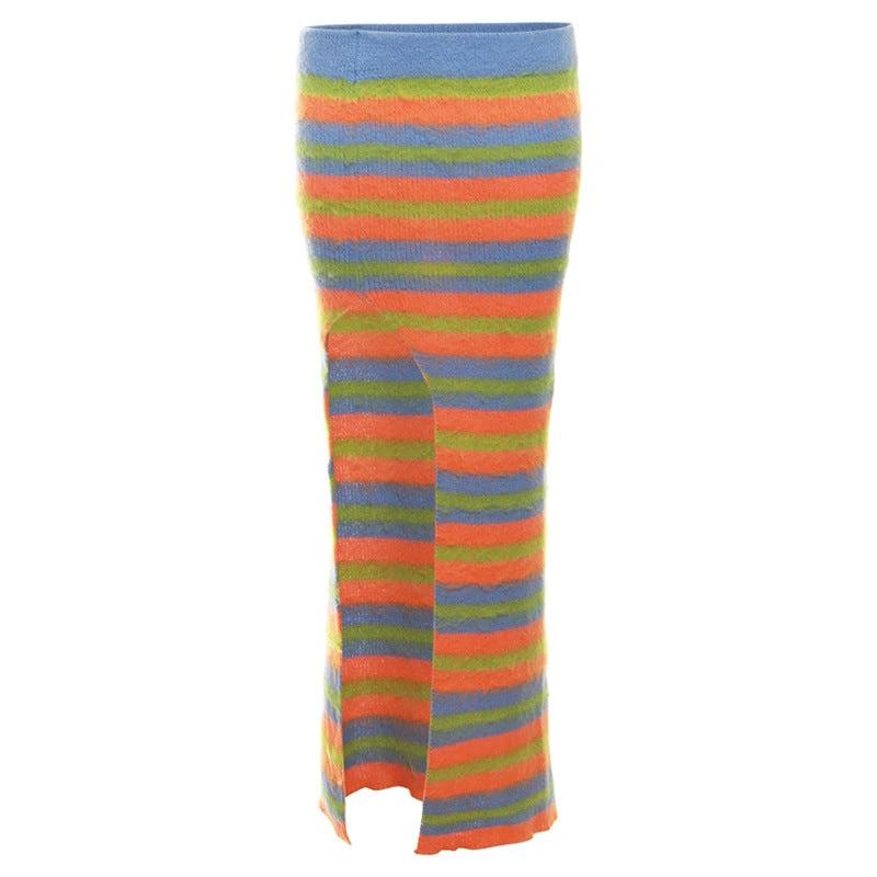 Stripe Sweater Crop Top Matching Long Skirt Split by GJG Denim