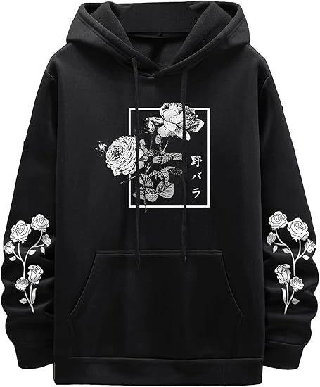 Men's Rose Print Casual Hooded Sweater by GJG Denim