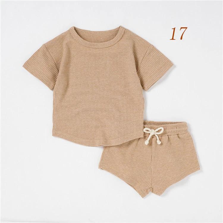 Children's Short-sleeved Suit Solid Color Baby Short Sleeve Two-piece Suit by GJG Denim