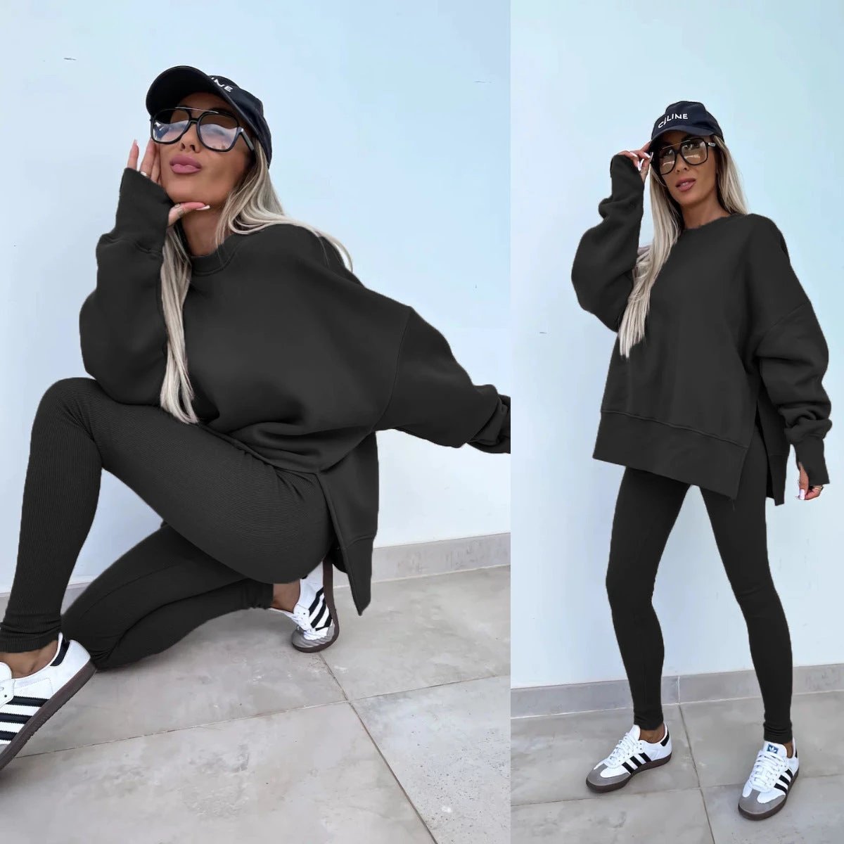 Sweater Suit Women's Casual Loose Long Sleeve Crew Neck Split Top Tight Trousers by GJG Denim