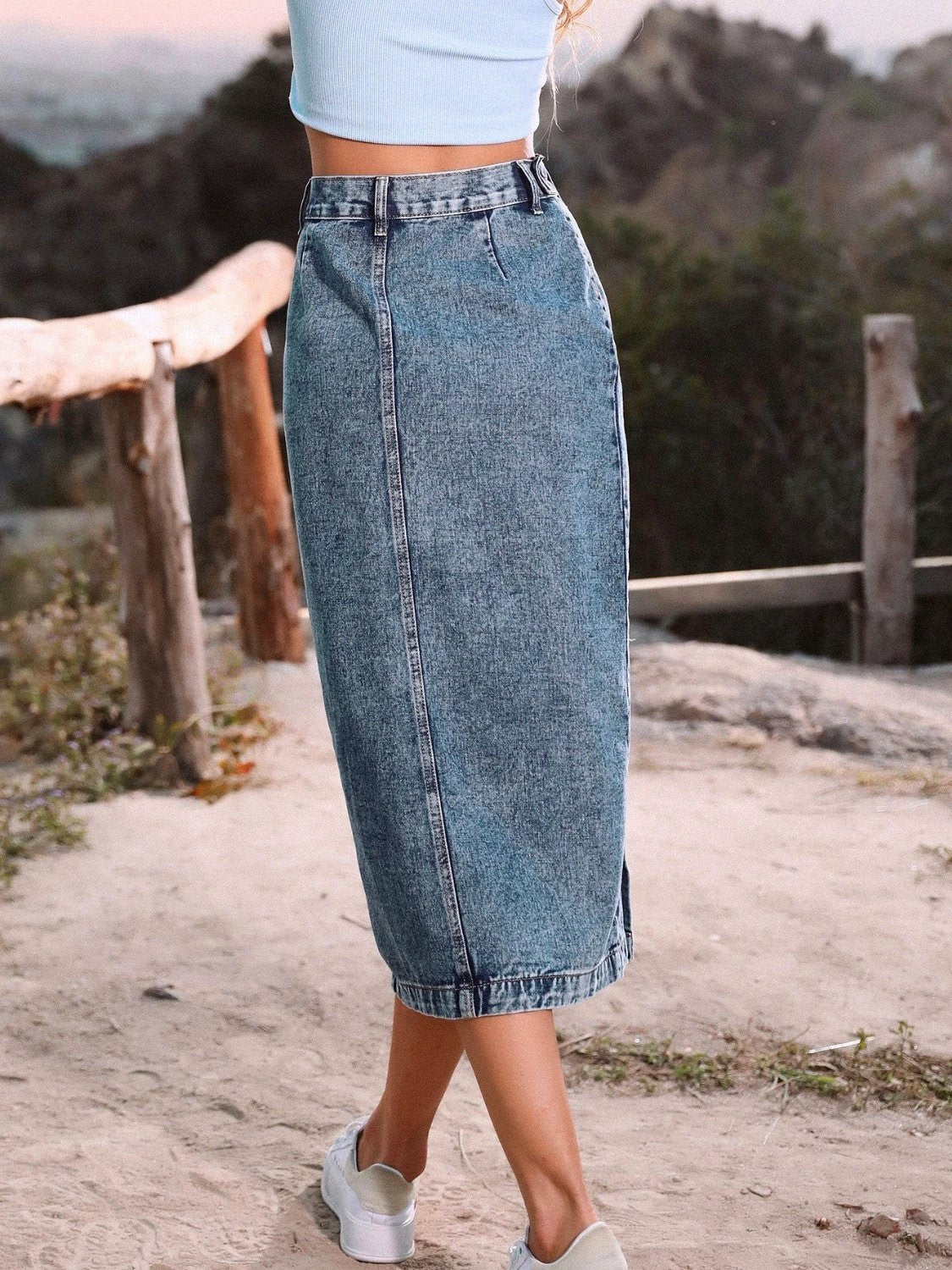 Button Down Denim Skirt by Lady Ros