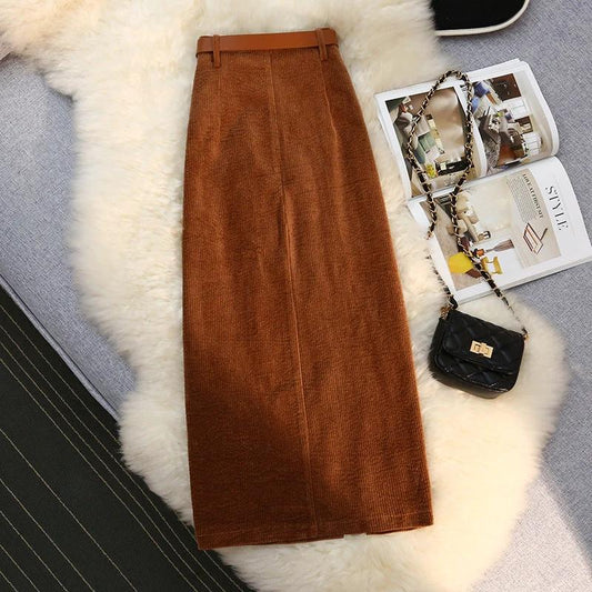 Women's Vintage Style High-Waisted Solid Color Maxi Dress With Belt Side Slit Casual Winter Dress by GJG Denim