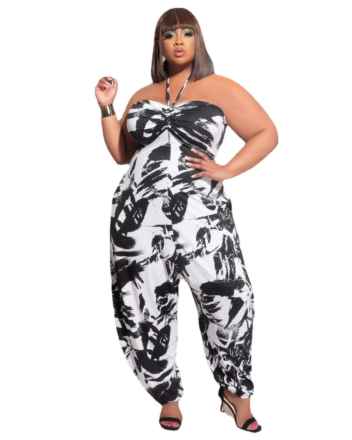 Plus Size Women's Halter Loose Lantern Sleeveless Print Jumpsuit by GJG Denim