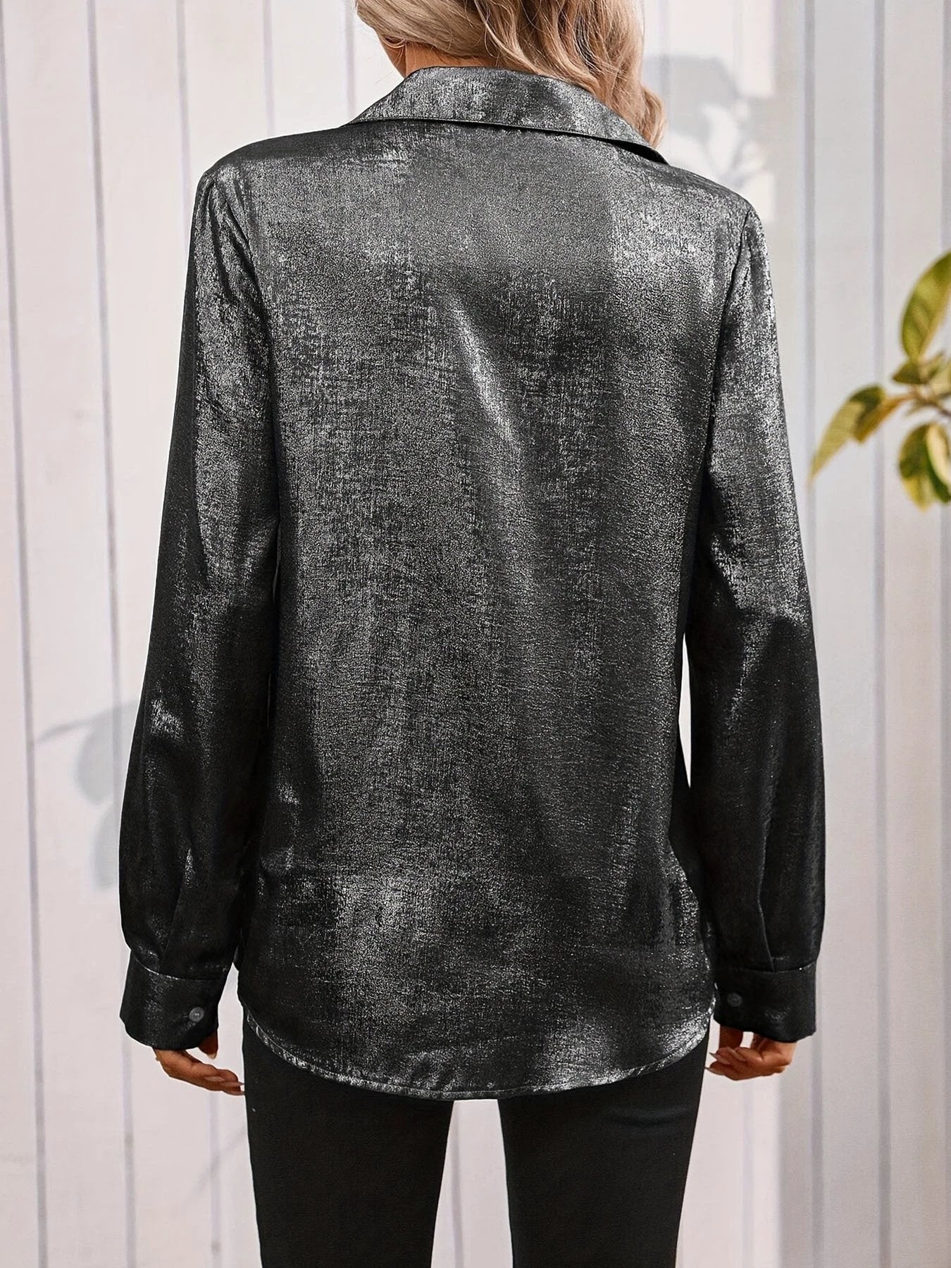 Satin Minimalist Long Sleeved V-Neck Button Pocket Daily Shirt - Women's Casual Top by GJG Denim