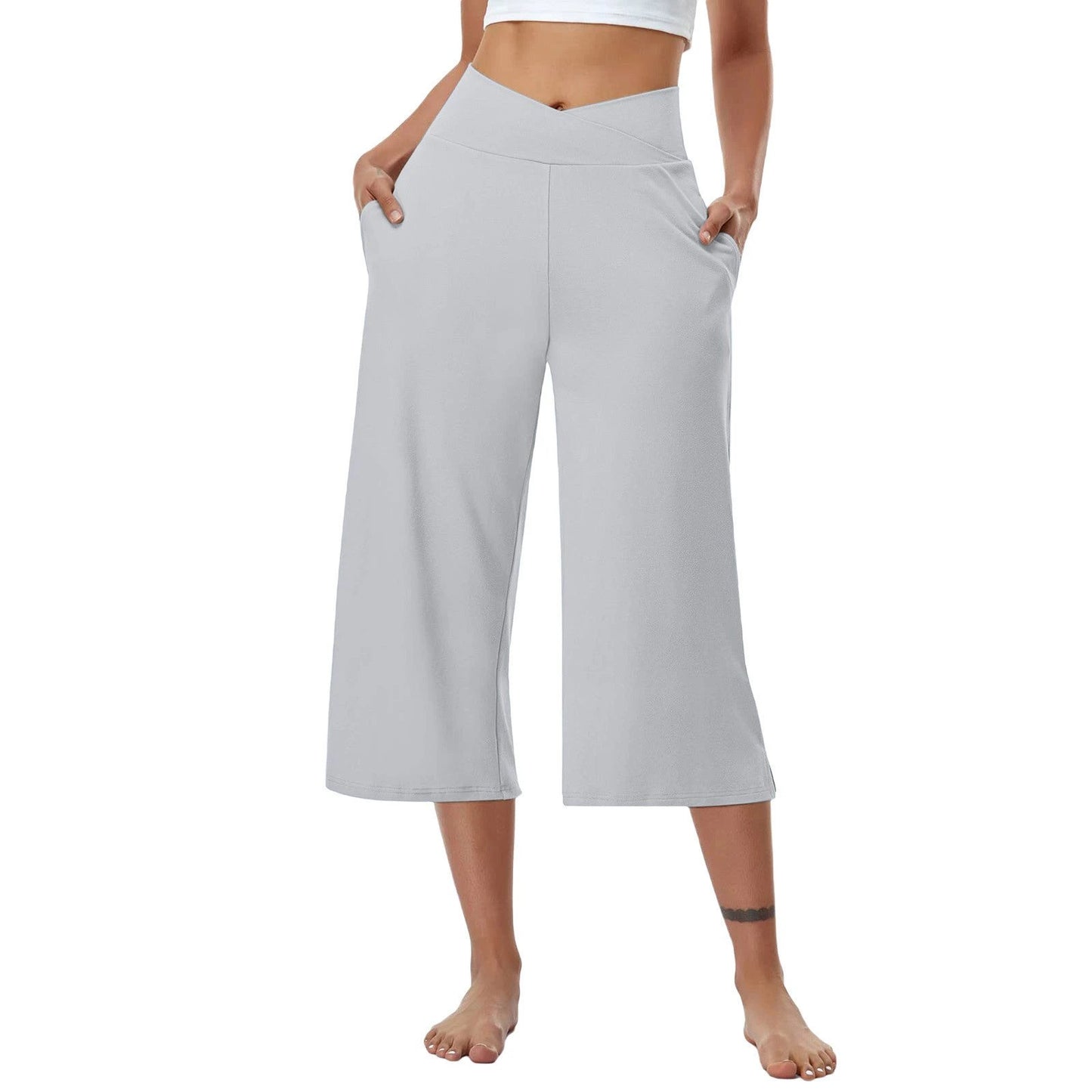 High-Waist Butt-Lifting V-Shaped Waist Wide-Leg Fitness Running Cropped Pants by GJG Denim
