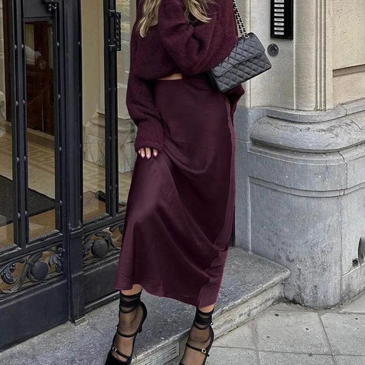 Women's Fashion Pure Color Minimal Versatile High Waist Long Skirt by GJG Denim
