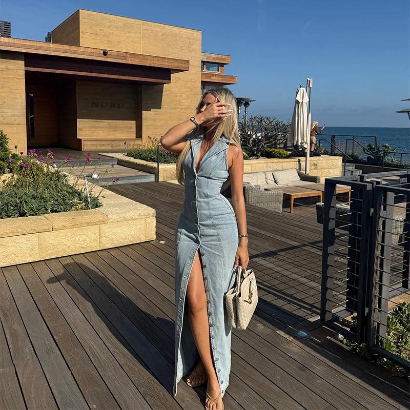 Light Blue Sexy Button Denim Dress by GJG Denim