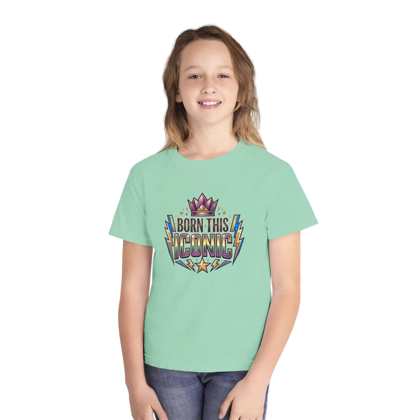 Youth Tee — "Born This Iconic" Crown Graphic by Printify