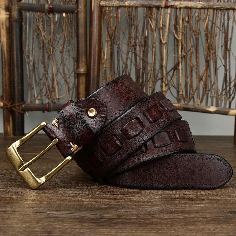 Retro Genuine Leather With Brass Buckle Belt For Men by GJG Denim