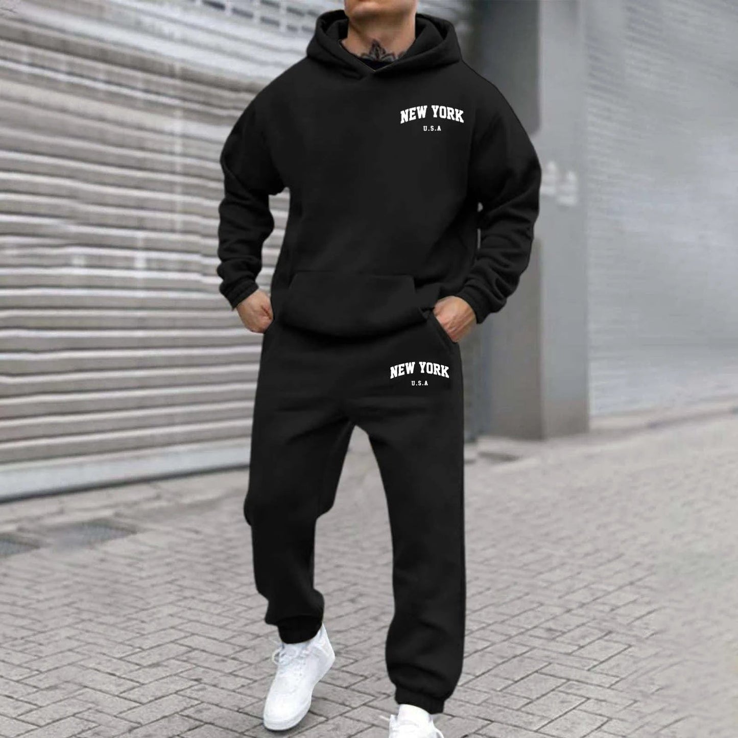 Men's Fleece-Lined Printed Hoodie And Pants Set by GJG Denim