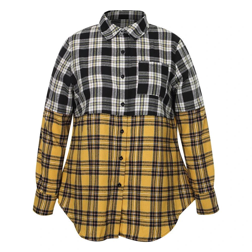 Women's Casual Plaid Pocket Button Stitching Long Sleeve Plus Size Shirt by GJG Denim