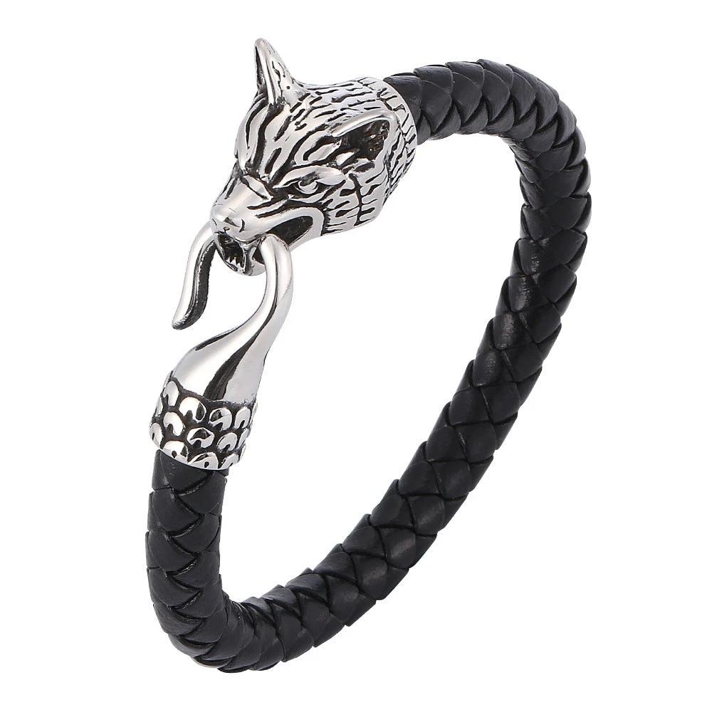 Fashionable Wolf Head Genuine Leather Braided Leather Cord Bracelet For Men by GJG Denim