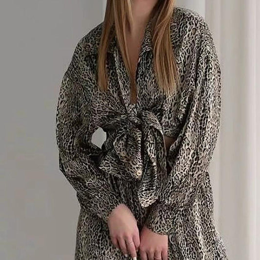 Fashionable Leopard Print Loose Ice Silk Pajamas For Women by GJG Denim