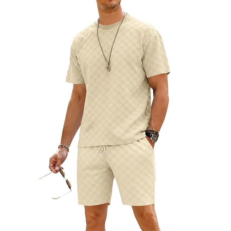 Checkered Mens Short-sleeve T-shirt And Casual Shorts Set by GJG Denim