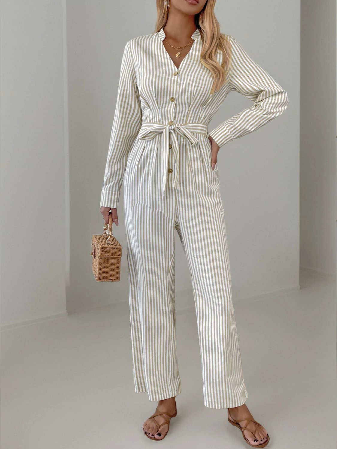 Striped Notched Long Sleeve Tie Waist Jumpsuit by Lady Ros