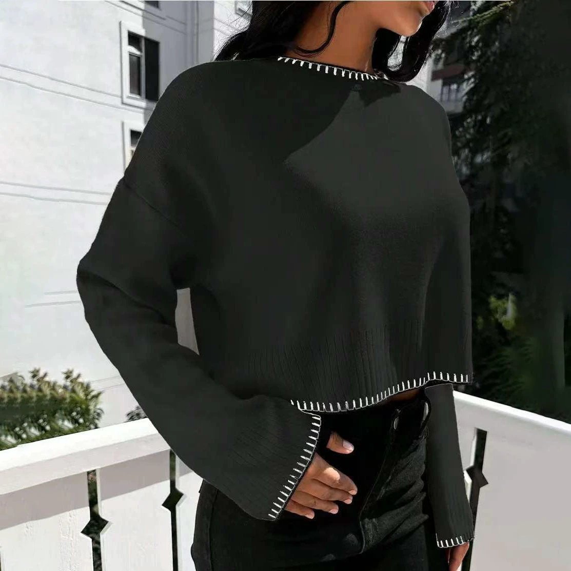 High-waisted Color-block Loose-fitting Cropped Pullover Knit Sweater by GJG Denim