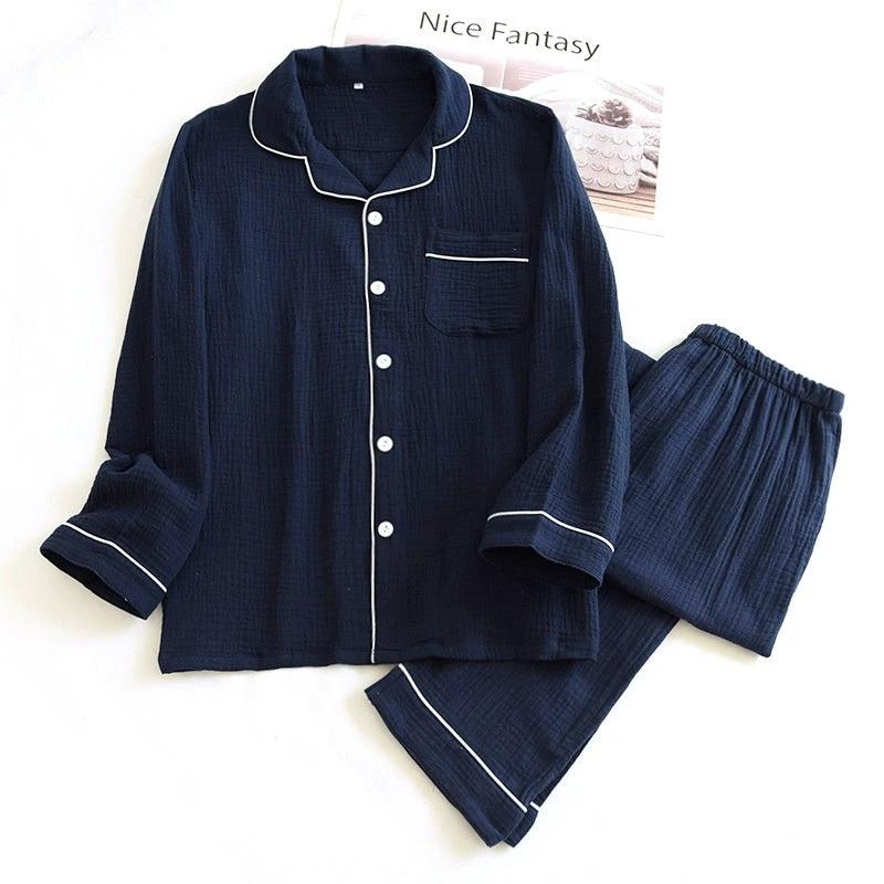 Men's Loose Double-layer Gauze Cotton Long Sleeve Pajamas by GJG Denim