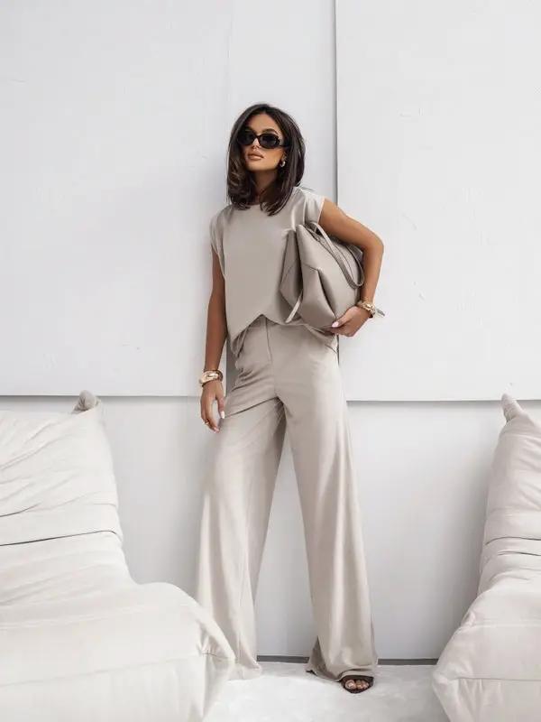 2 Piece Casual Set Short Sleeve T-Shirt Vest Loose Wide Leg Pants Seasonal Comfort by GJG Denim