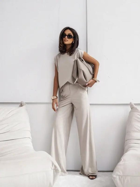 2 Piece Casual Set Short Sleeve T-Shirt Vest Loose Wide Leg Pants Seasonal Comfort by GJG Denim