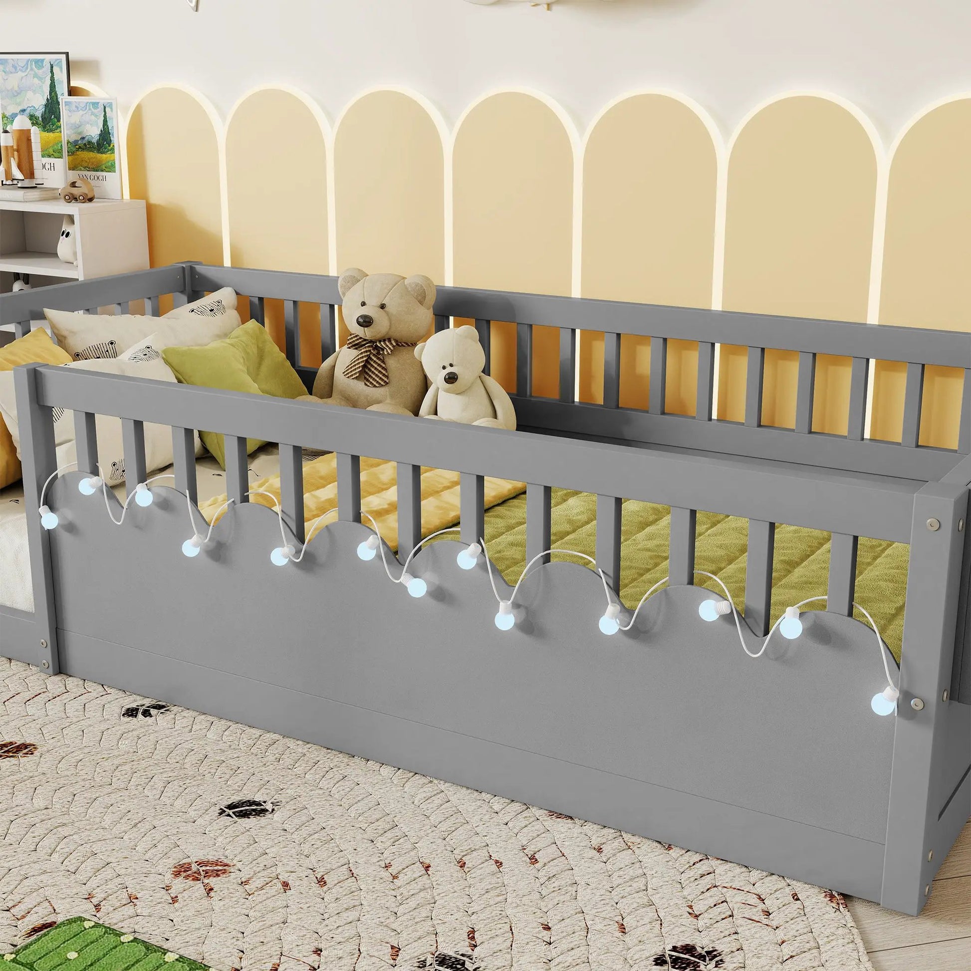 Full Montessori Floor Bed Frame With High Rails, Wood Kids Floor Beds With Light And Storage Shelf, Gray by GJG Denim