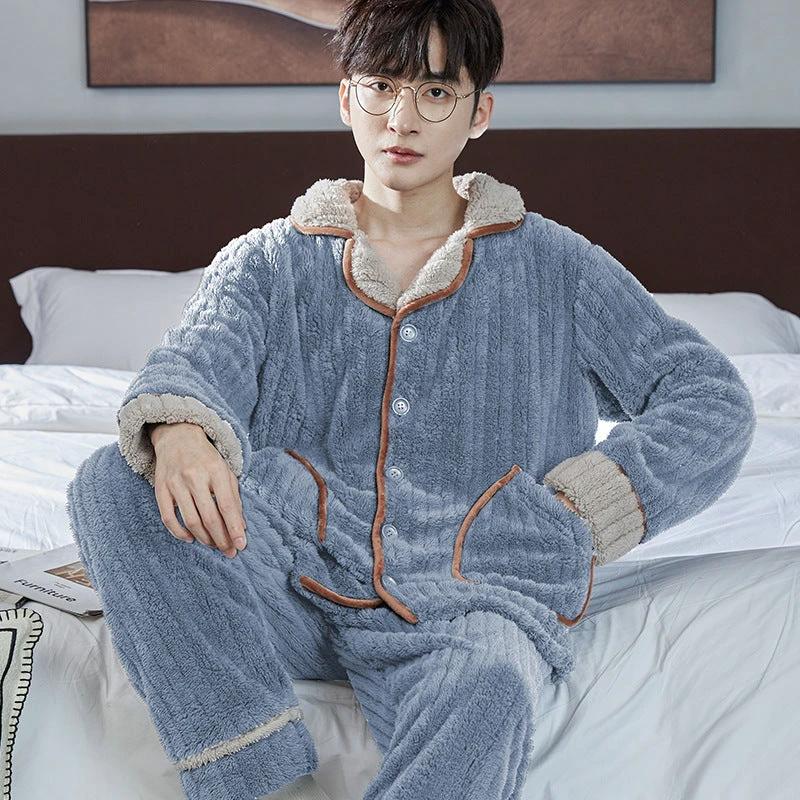 Pajamas Men's Jacquard Flannel Loose Fleece-lined Warm Loungewear by GJG Denim