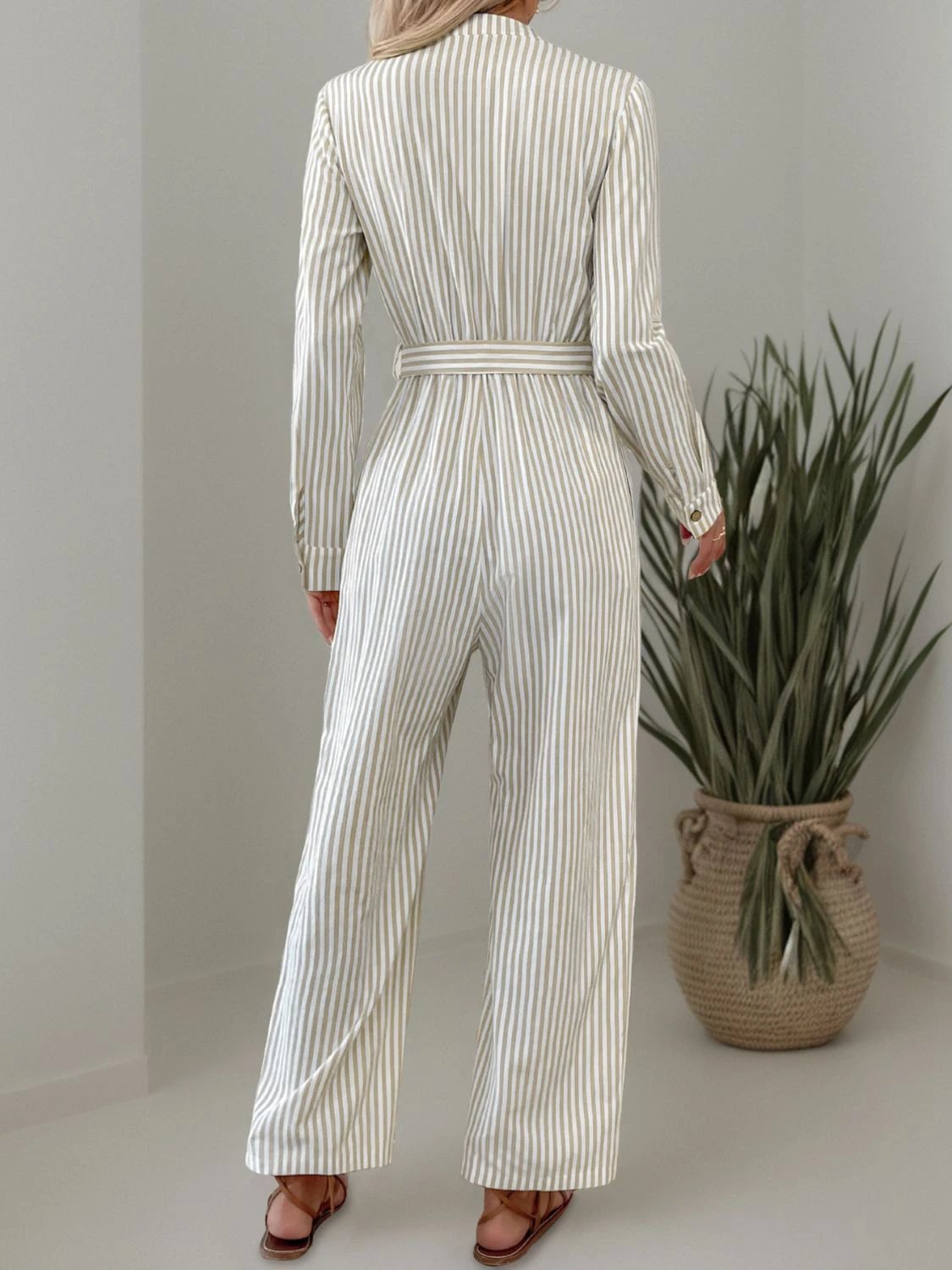 Striped Notched Long Sleeve Tie Waist Jumpsuit by Lady Ros
