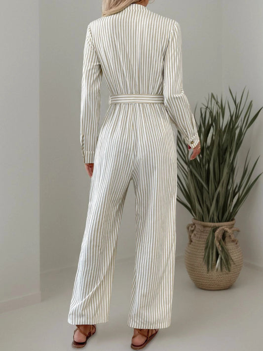 Striped Notched Long Sleeve Tie Waist Jumpsuit by Lady Ros