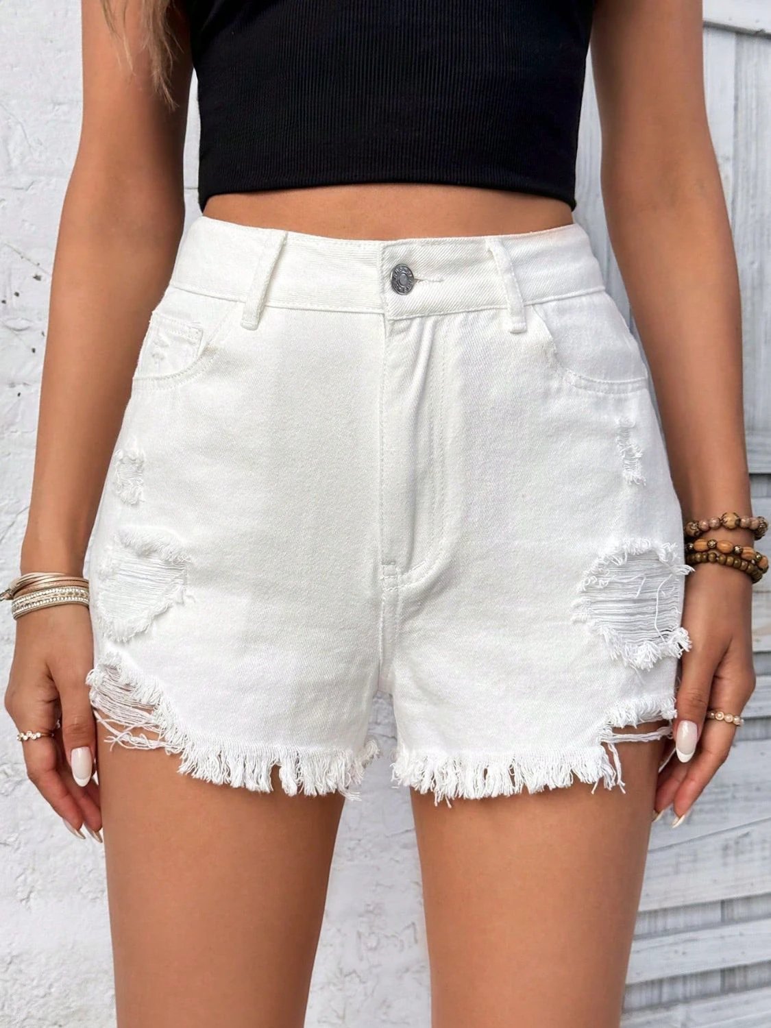 Distressed Raw Hem High Rise Denim Shorts by Lady Ros