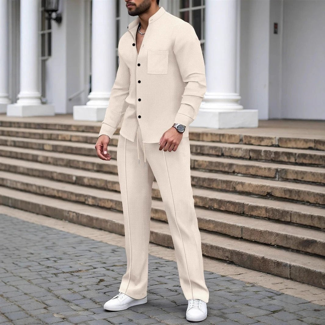 Waffle-textured Solid-color Stand-collar Shirt And Long-sleeve Pants Casual Set For Men by GJG Denim