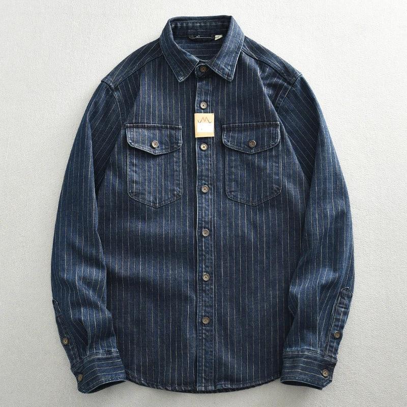 Striped Denim Shirt Men's Business Shirt Coat by GJG Denim