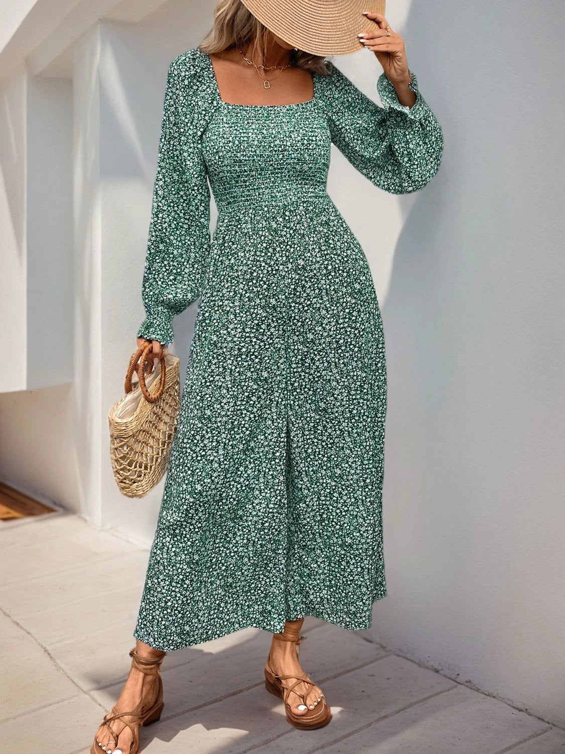 Perfee Smocked Printed Long Sleeve Wide Leg Jumpsuit by Lady Ros