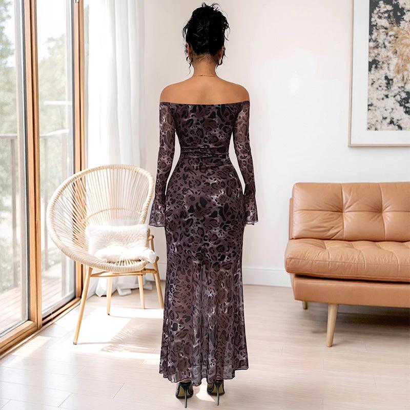 Elegant Retro Off-the-shoulder Long Sleeve Mesh Leopard Print Dress by GJG Denim