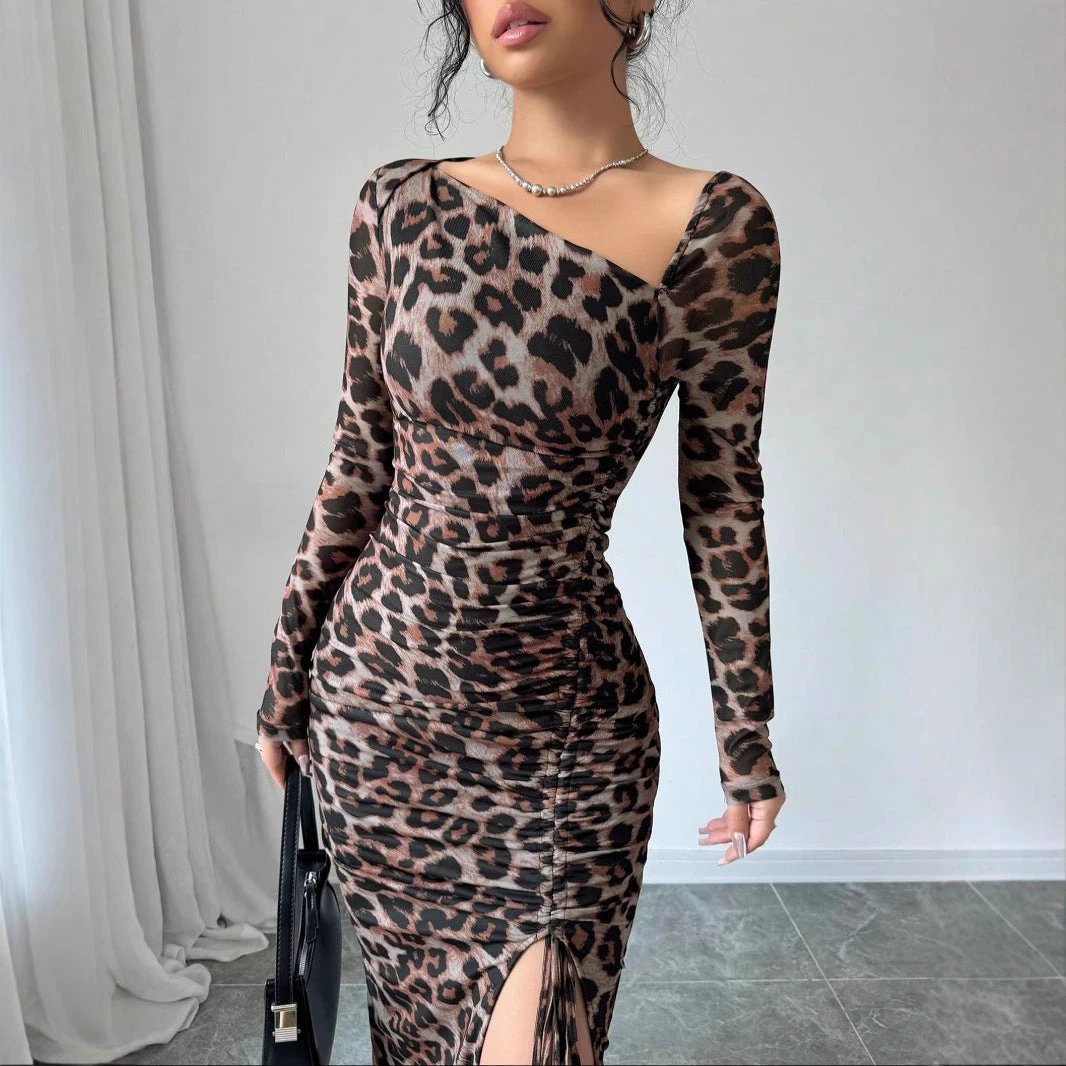 New Women's irregular V-Neck Long Sleeve Sexy Leopard Print Dress by GJG Denim