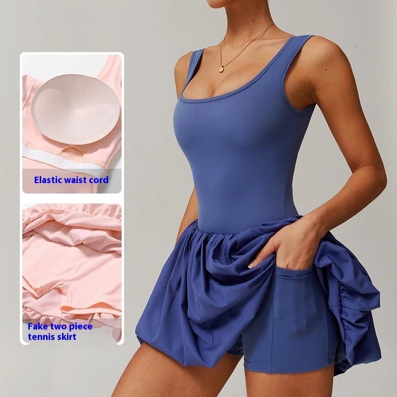 Women's Anti-walking Running Fitness Fake Two Pieces Sports Dress by GJG Denim