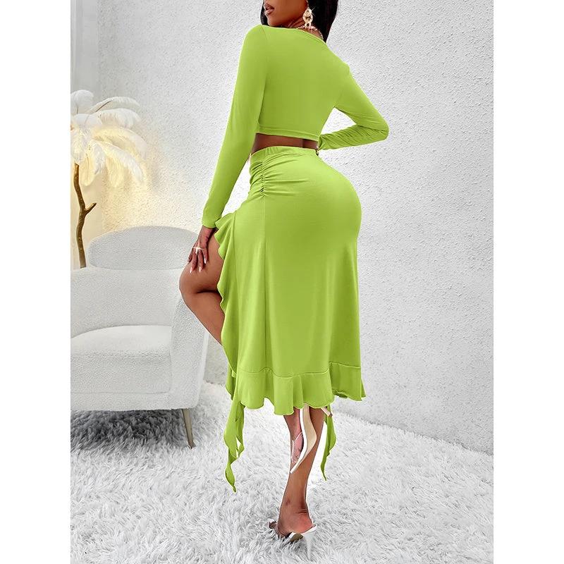 Women Summer 2 Piece Skirt Sets Long Sleeve Square Neck Crop Top Ruffle Trim Irregular Split Sexy Club Party Skirt Outfits by GJG Denim