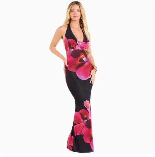 Halter Floral Mesh Backless Maxi Dress by GJG Denim