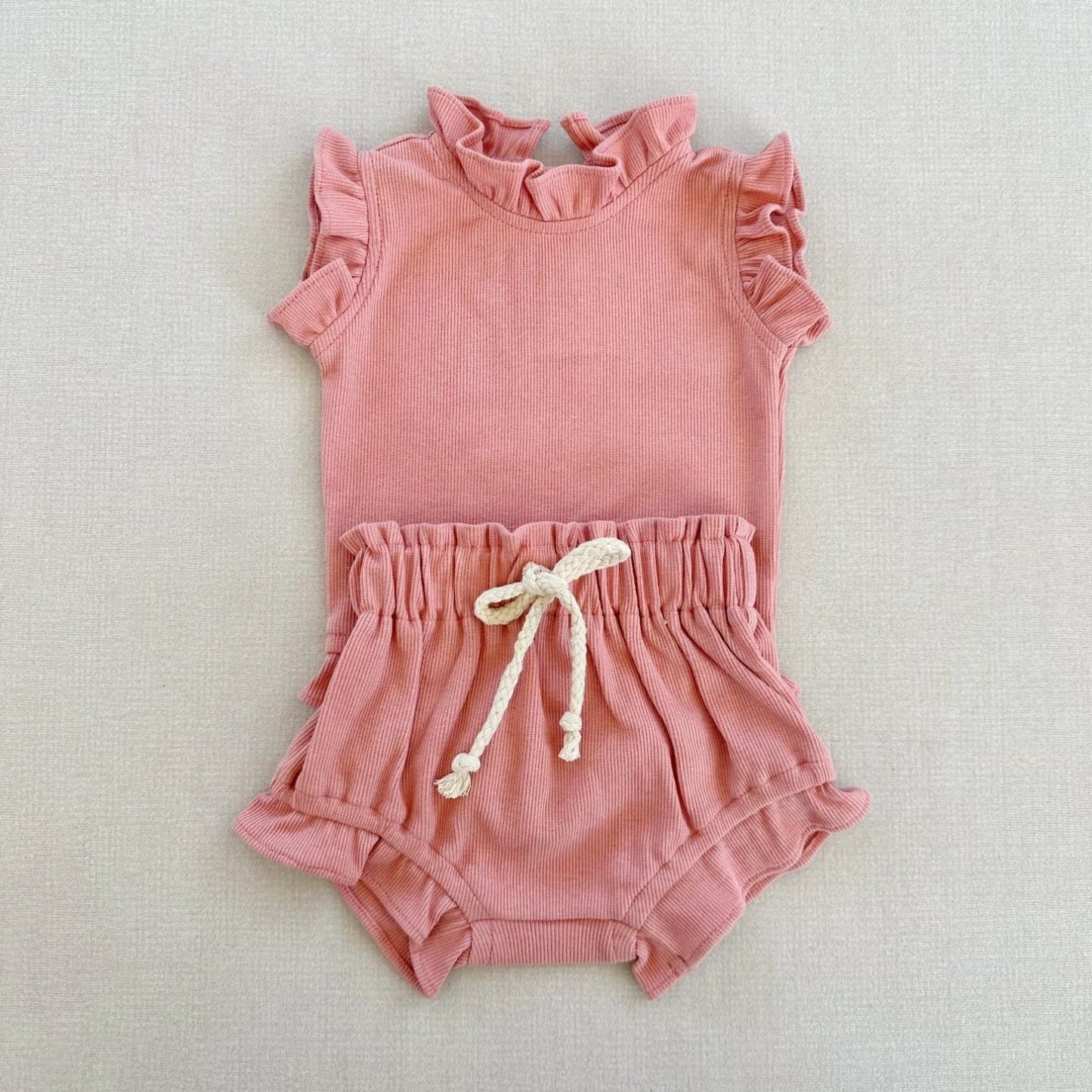 Rib Cotton Short Sleeve Wooden Ear Rompers Jumpsuit by GJG Denim