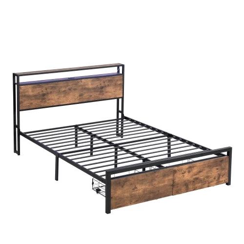Queen Size Bed Frame With Storage Headboard And 2 Drawers, LED Lights Bed With Charging Station by GJG Denim