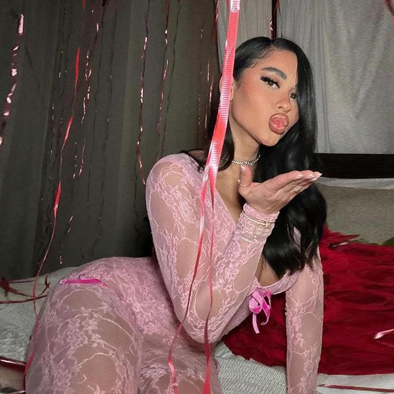 Tight Long Sleeve Lace Jumpsuit Women by GJG Denim