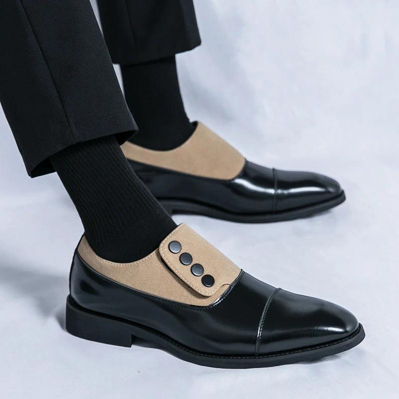 Men's Slip On Low Top Pointed Round Toe Button Leather Shoes by GJG Denim
