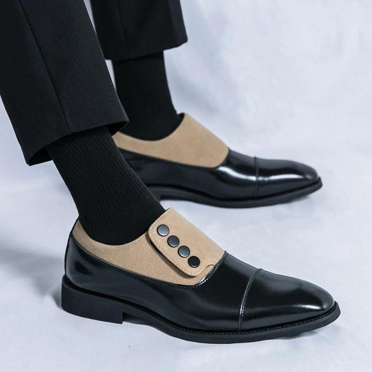 Men's Slip On Low Top Pointed Round Toe Button Leather Shoes by GJG Denim