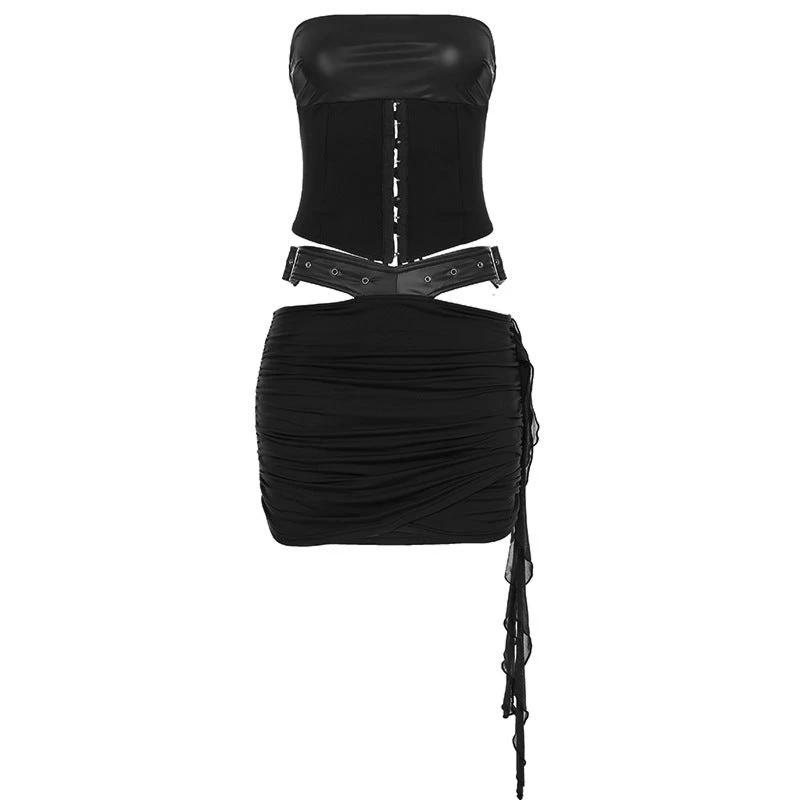 Lace-up Tube Top Leather Look Low Rise Hip Belted Skirt Set by GJG Denim