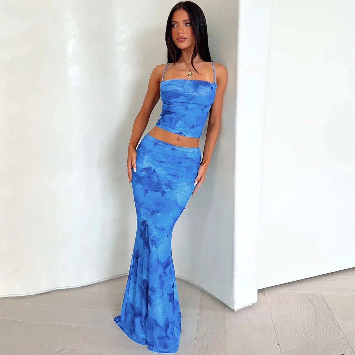 Niche Spaghetti Straps Midriff-baring Vest Sheath Skirt Two-piece Set by GJG Denim