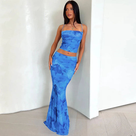 Niche Spaghetti Straps Midriff-baring Vest Sheath Skirt Two-piece Set by GJG Denim