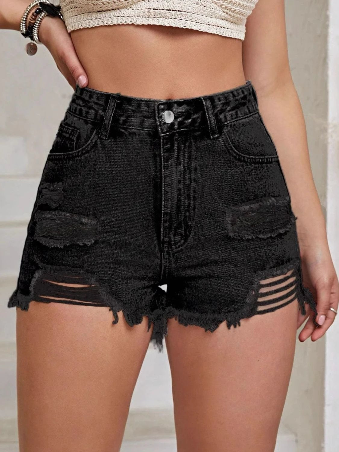 Distressed Raw Hem High Waist Denim Shorts by Lady Ros