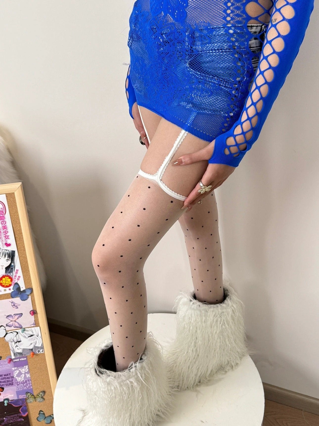 Aurora Polka Lace Shiny Suspenders Small Polka Dot Stockings by GJG Denim