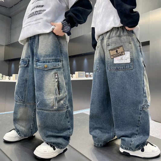 Simple And Versatile Boys' Pants Loose Cargo Jeans by GJG Denim