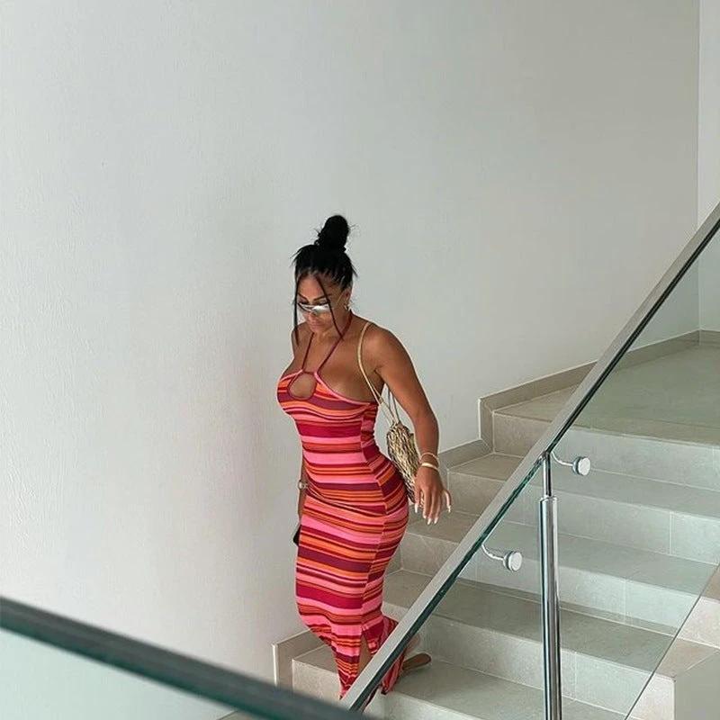 Striped Contrast Long Dress Sexy Halter Strap Backless Wrap Chest Slit Dress by GJG Denim