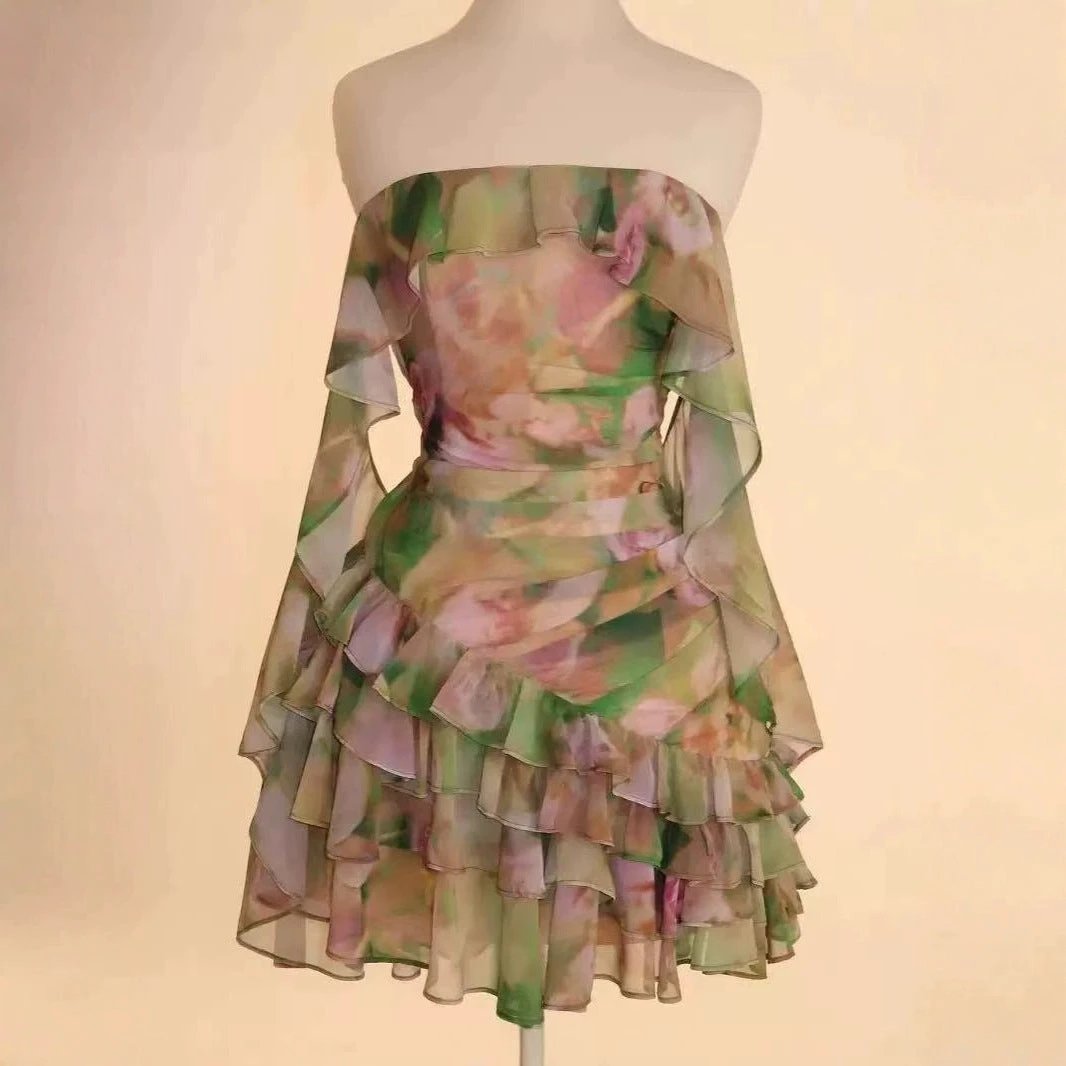 Chiffon Printed Ruffles Tube Dress by GJG Denim
