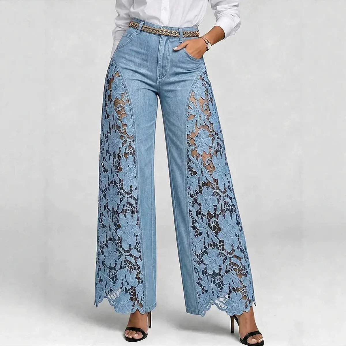 High-waisted Wide-leg Pants Womens Lace-panelled Jeans by GJG Denim